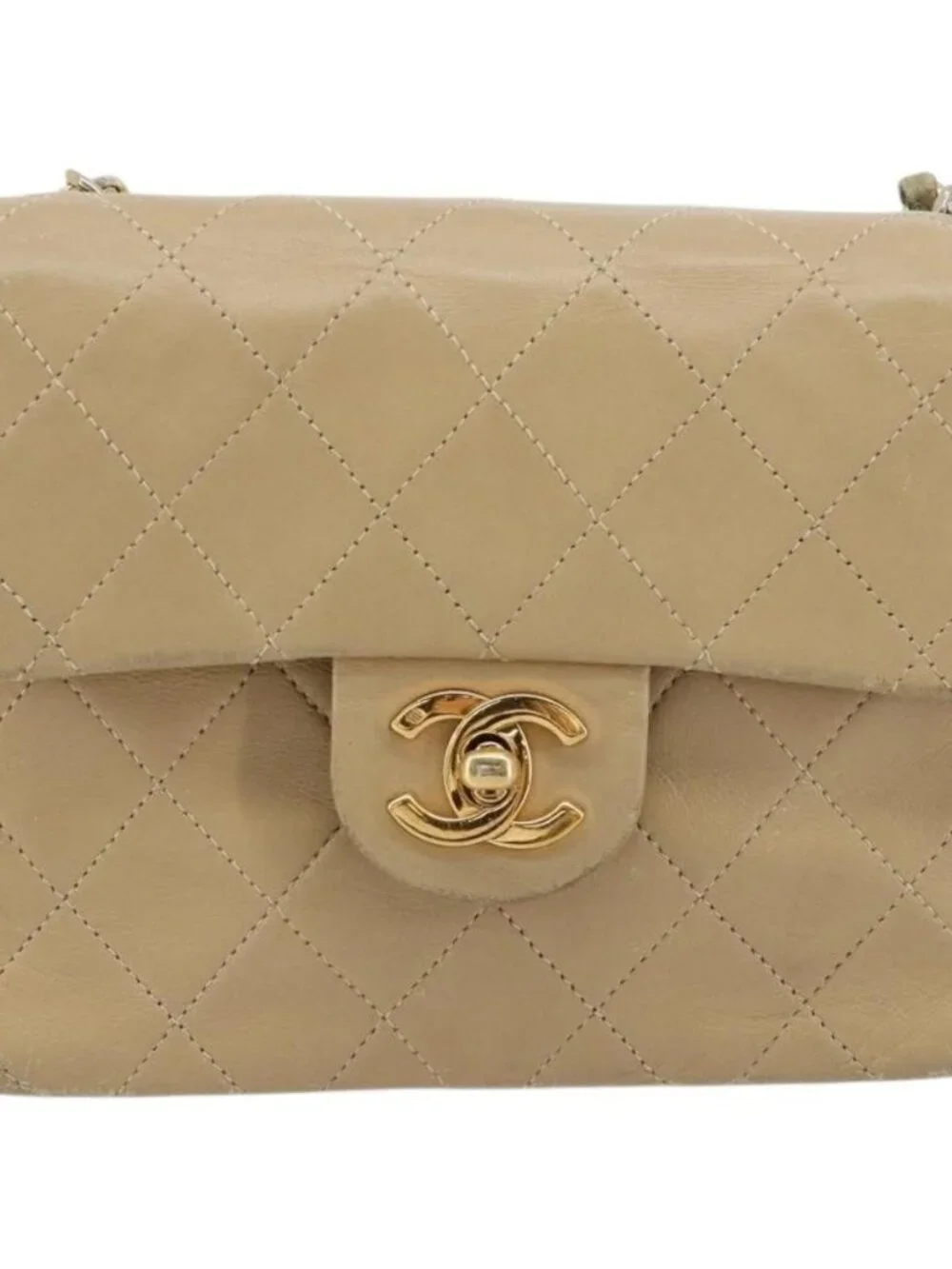 CHANEL Mini Matelasse Chain Shoulder Bag Lamb Skin Beige Gold CC Auth ka4523A